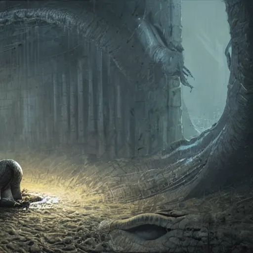 Image similar to a huge anaconda in a dark grave, horror ,digital art,realistic,detailed,art by greg rutkowski