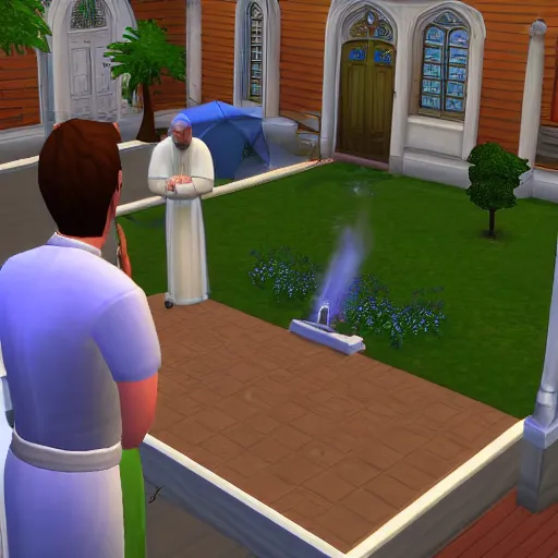 Prompt: Pope playing 'the sims 2' at the local church, preacher yells amen, cinematic, comedy, sketch, art, high resolution