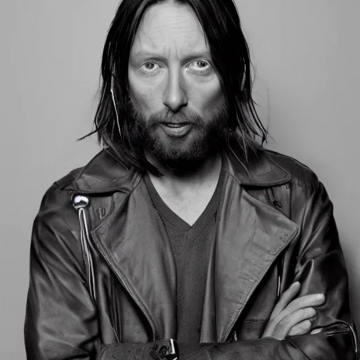 Image similar to Thom Yorke, a man with a beard and a black jacket, a portrait by John E. Berninger, dribble, neo-expressionism, uhd image, studio portrait, 1990s