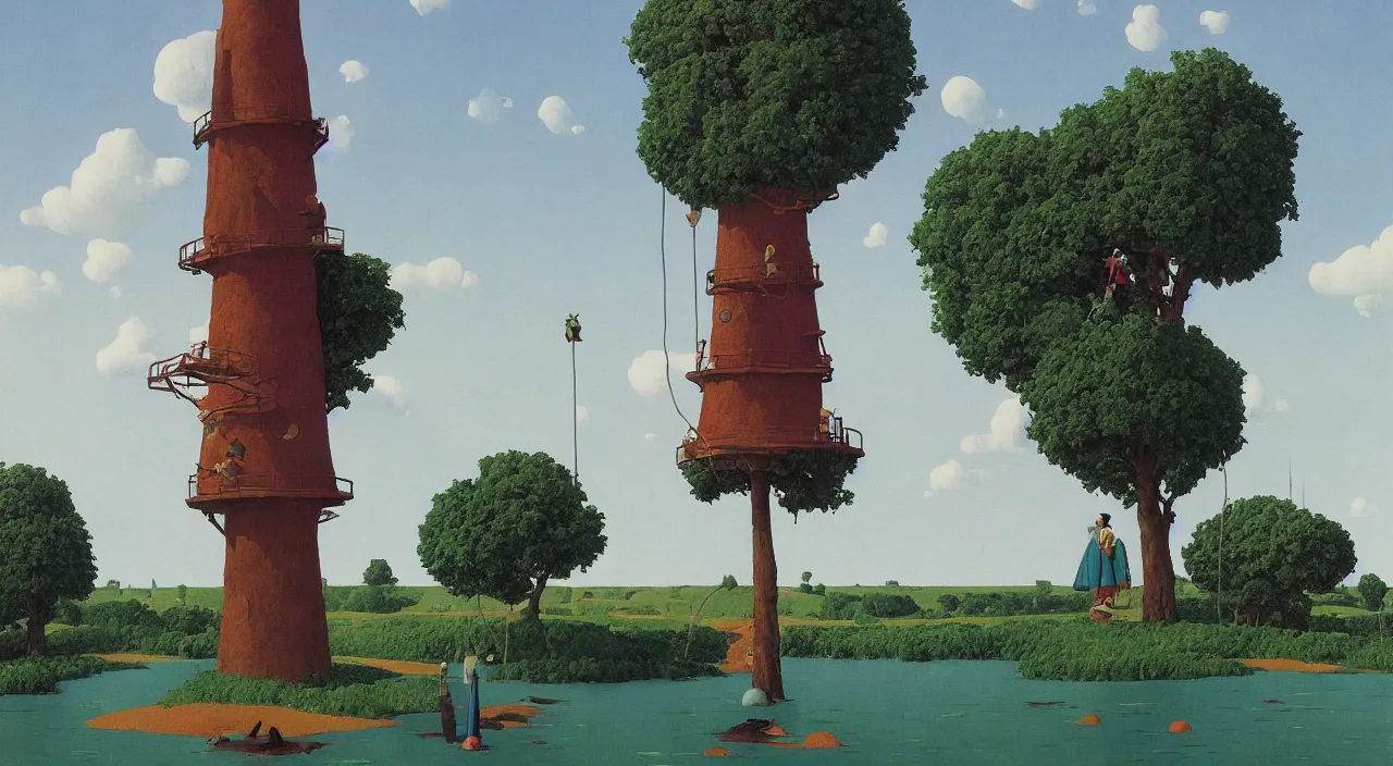 Image similar to single flooded simple whip tree tower, very coherent and colorful high contrast!! masterpiece by rene magritte simon stalenhag carl spitzweg syd mead norman rockwell edward hopper james gilleard, minimalist, dark shadows, sunny day, hard lighting