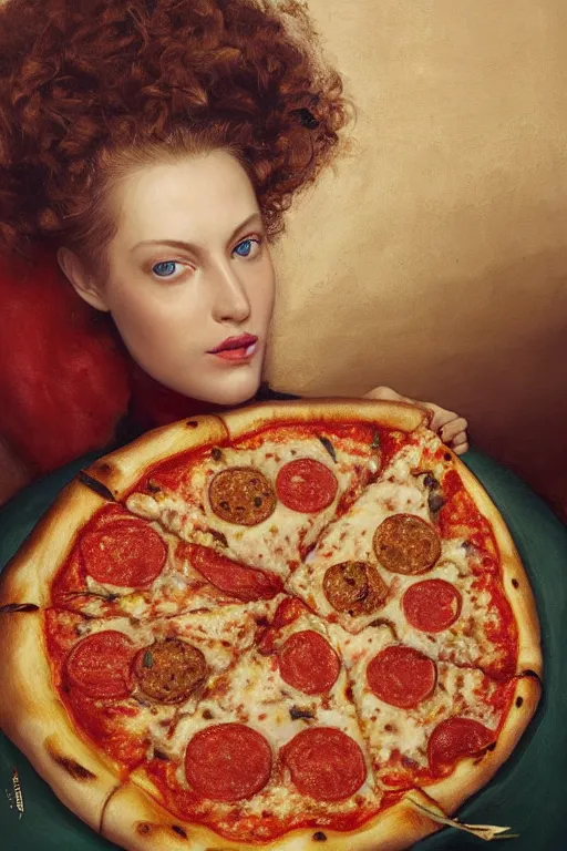 Image similar to a highly detailed queen margherita ( savoy ) eating!!! a pizza! margherita, full body, detailed painting by arturo faldi, trending on deviantart, octane, masterpiece