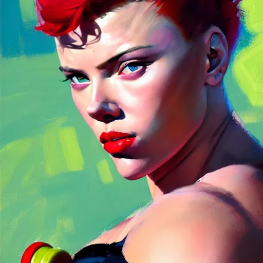 Image similar to greg manchess portrait of scarlett johansson as roided thick muscular weightlifter zarya from overwatch with short red hair ponytail and green lipstick, fantasy medium shot, asymmetrical, profile picture, organic painting, sunny day, matte painting, bold shapes, hard edges, street art, trending on artstation, by huang guangjian and gil elvgren and sachin teng