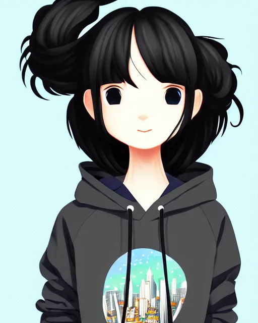 Prompt: black haired girl wearing hoodie, detailed city background, anime illustration by anmi