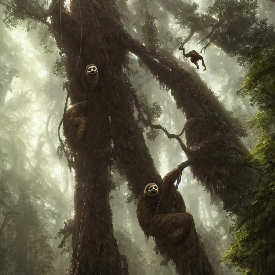 Prompt: a single colossal sloth hanging from a giant redwood tree, high detail, dramatic light, digital art, painted by greg rutkowski, painted by seb mckinnon, trending on artstation