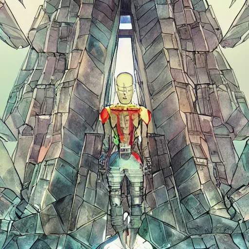 Image similar to comic book cover of a android looking up at a temple made of crystal by Dustin Nguyen, artstation, professionally illustrated