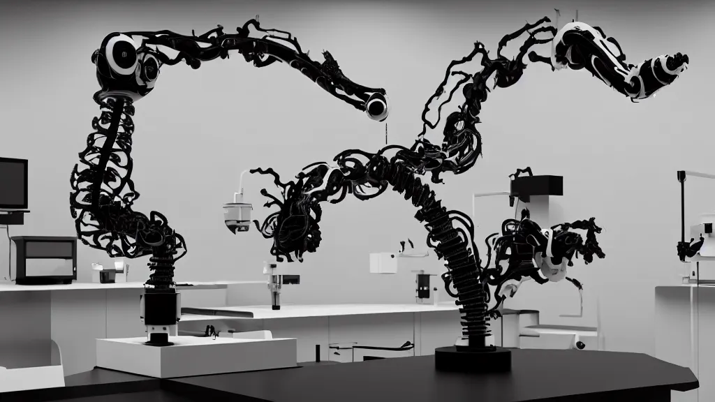 Image similar to a complex bifurcated robotic cnc surgical arm hybrid mri 3 d printer machine making swirling black and white ceramic mandlebulb mutant forms in the laboratory inspection room, film still from the movie directed by denis villeneuve with art direction by salvador dali, wide lens, f 3 2, cinematic lighting, studio quality, smooth render, unreal engine 5 rendered, octane rendered