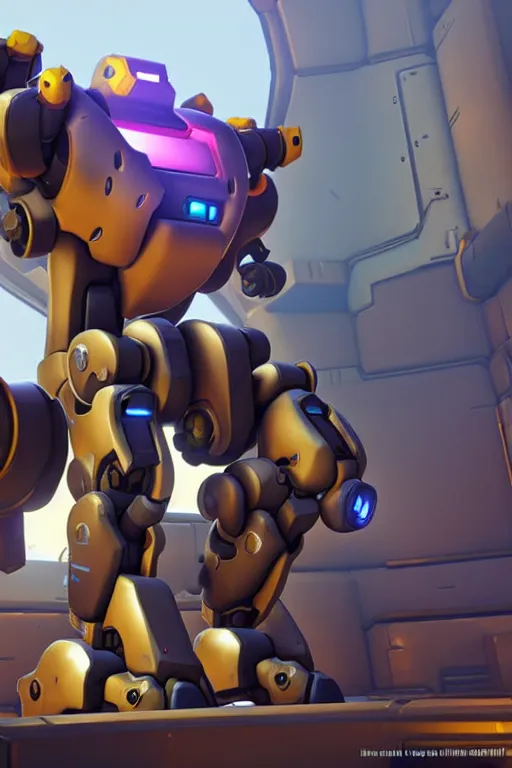 Image similar to the fortress robot in the overwatch game, cute style, cg rendering, the background is a beautiful forest