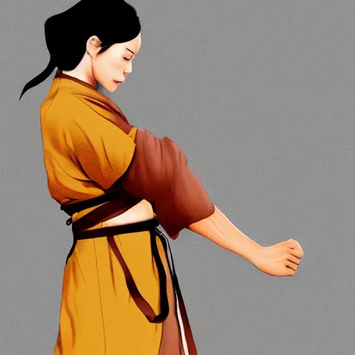 Image similar to a female drunken master monk exercising by wlop, wuxia, xianxia, drunken boxing, drunken fist, drunken master, weathered olive skin, athletic, playful, beautiful, fully clothed, monk's robe, detailed, realistic, anatomically accurate, fantasy illustration, artstation, wlop.