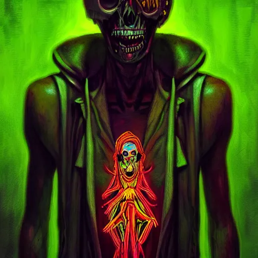 Image similar to a death tarot featuring a haitian voodoo priest with menacing eyes, blacklight neon colors, by anton semenov and android jones in cyberpunk voodoo style, oil on canvas, 8k