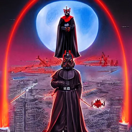 Image similar to Darth Maul overlooking coruscant, artwork by tim burton