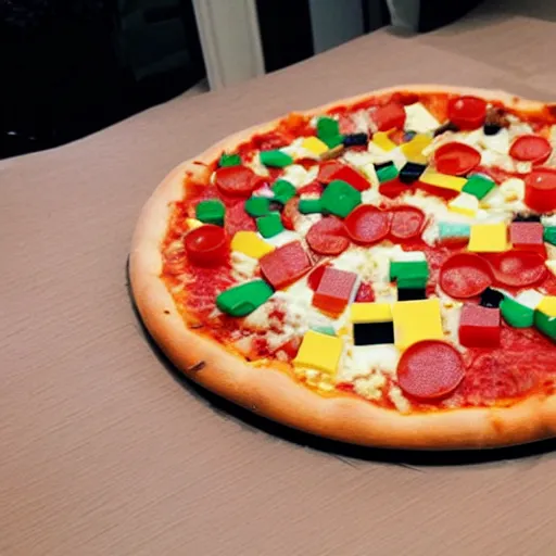 Image similar to a Pizza made out of Lego