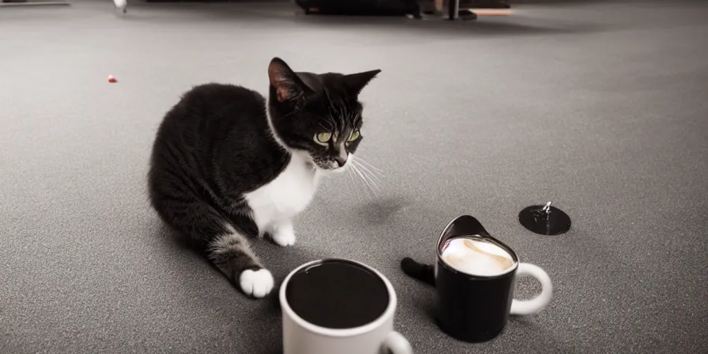 Prompt: tron cat knocking over a coffee cup with a disk