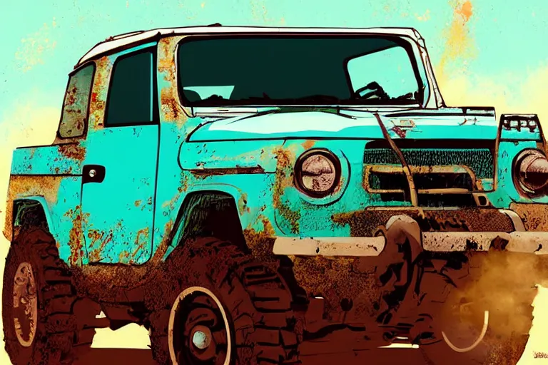 Image similar to digital illustration of a faded cyan mad max's fj 4 0 decrepit!!!! pursuit special, rusty!!! nissan fj cruiser heavily modded 1 9 9 0 s, the last v 8 interceptor by makoto shinkai, ilya kuvshinov, lois van baarle, rossdraws, basquiat