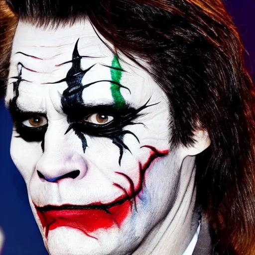 Prompt: Jim Carrey with scary face paint inspired by the joker 4K quality super realistic