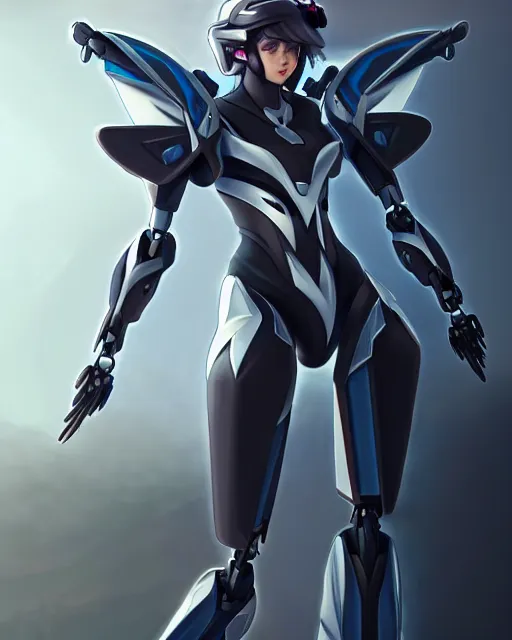 Image similar to uncropped stealthy feminine mecha ( with futuristic jet armor and wings ) with a heart visor helmet, symphogear, full body character portrait, hi - tech, trending on artstation, goth armor, digital painting, concept art, sharp focus, illustration, art by wlop and greg rutkowski