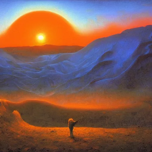 Image similar to a huge pizza in a strange valley, beksinski, sunset, 4 k, hyperrealistic