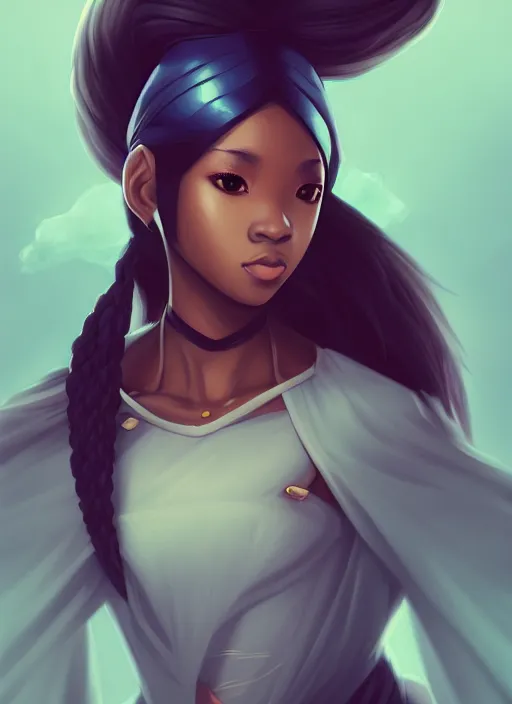 Image similar to attractive female portrait of african ninja, cloud background, rul of thirds, uplight, intricate, symmetrical!!, anime, prism highlights, depth of field, cinematic, filmic, vsco, concept art, artstation, digital painting, elegant, epic, focus