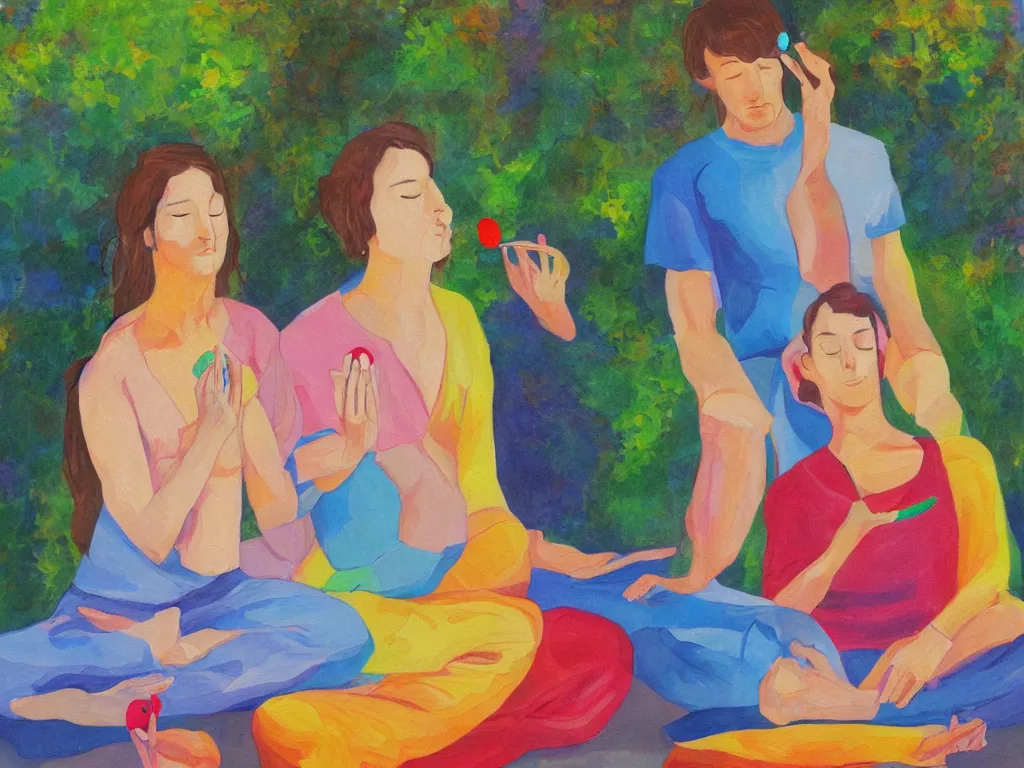 Image similar to man and woman meditating with lollipop. painting by carle eric