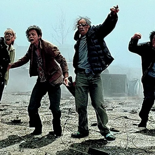 Image similar to four men dancing furiously in a postapocalyptic wasteland, amazing movie still, Spielberg, Cronenberg, Wes Craven, Takashi Miike