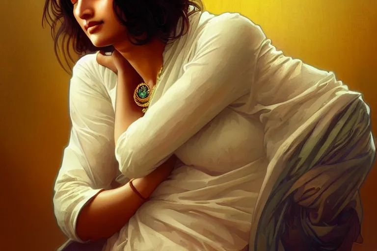 Prompt: sensual pale beautiful indian doctor in jeans, art deco portrait, elegant, intricate, digital painting, artstation, concept art, smooth, sharp focus, illustration, art by artgerm and greg rutkowski and alphonse mucha