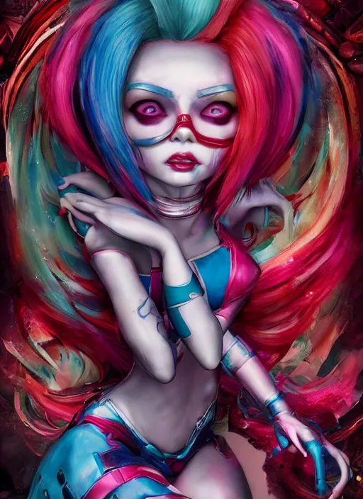 Image similar to dreamscape!!!!!, harley quin!!!, ross tran!!!, vivid colors!!, anatomical, highly detailed sculpture, intricate detailed, ommatidia, 8 k, cinematic atmosphere, post - processing