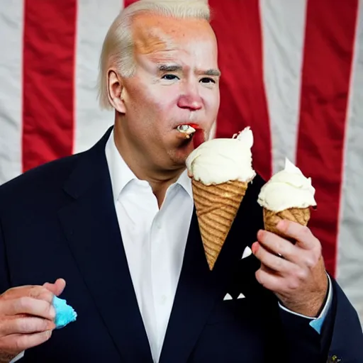 Image similar to an award winning photo of extremely fat joe Biden eating an ice cream cone, he’s wearing a diaper