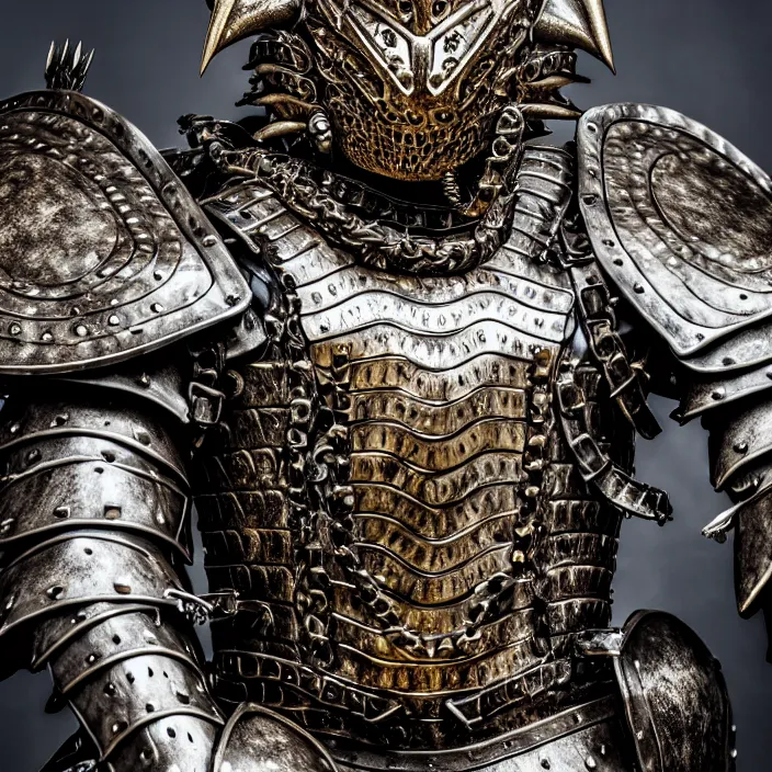 Image similar to photo of a warrior with metal crocodile themed armour, highly detailed, 4 k, hdr, smooth, sharp focus, high resolution, award - winning photo