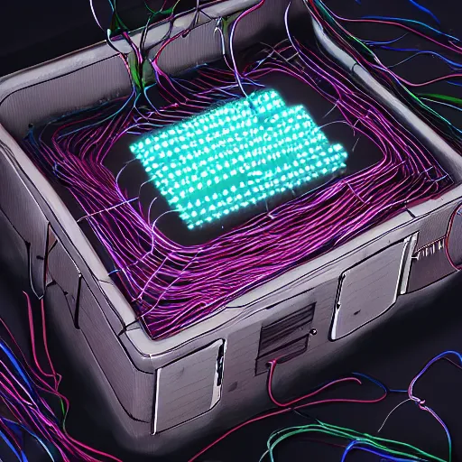 Image similar to a square computer coated in, clumps of hair, wires, leds, thermal sink, electronics,, skin, flesh, blood, guts and teeth, artstation