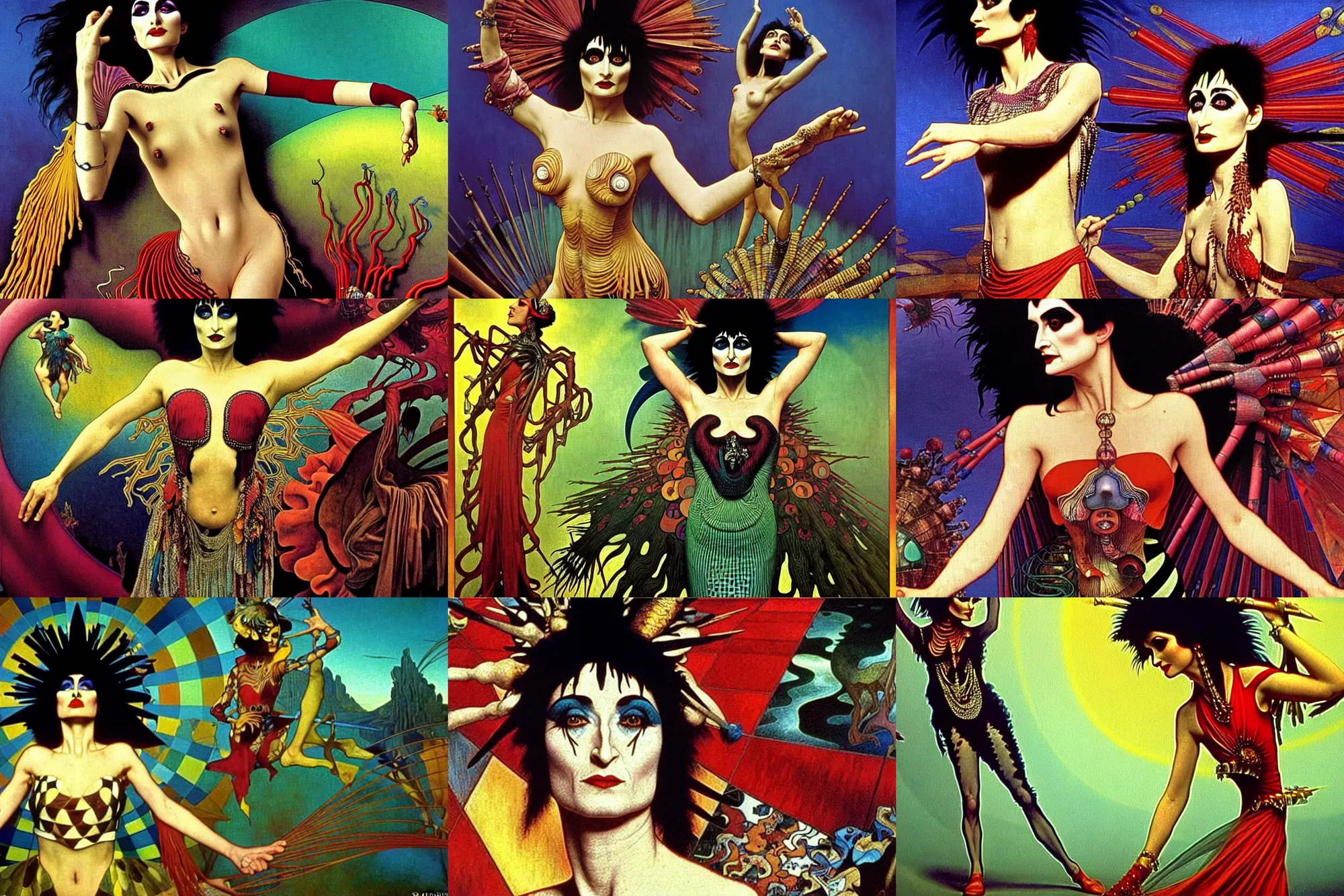 Prompt: realistic detailed portrait movie shot of a siouxsie dancing on a giant checkerboard by denis villeneuve, jean deville, amano, yves tanguy, ernst haeckel, alphonse mucha, max ernst, caravaggio, roger dean, masterpiece, rich moody colours