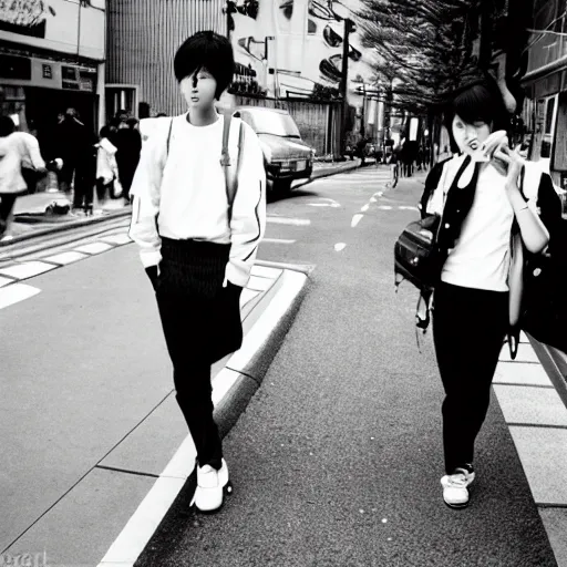 Image similar to Japanese teenagers male and female, street photography in the 80s, economic boom, punks, highly realistic, photography, photorealistic, Tokyo, fashion, wearing Sony Walkman and headphones