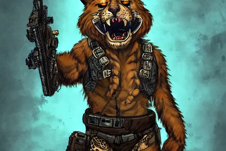 Image similar to a good ol'jaguar fursona ( from the furry fandom ), heavily armed and armored facing down armageddon in a dark and gritty version from the makers of mad max : fury road. witness me.