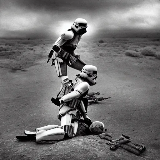 Prompt: war photography, the falling soldier, an imperial stormtrooper, zeroes on the moment of death frozen in time forever, groundbreaking, breathtaking, awardwinning, by robert capa, digital intricate art, hyperrealist, detailed, 8 k, 3 5 mm, canon, extreme long shot