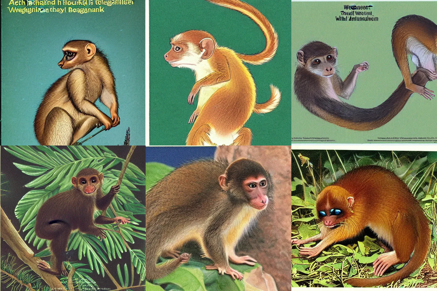 Prompt: beautiful illustration of the weaselangur mustelid monkey in Turkmenistan in the 1990 edition of the Great Book of the World's Mammals