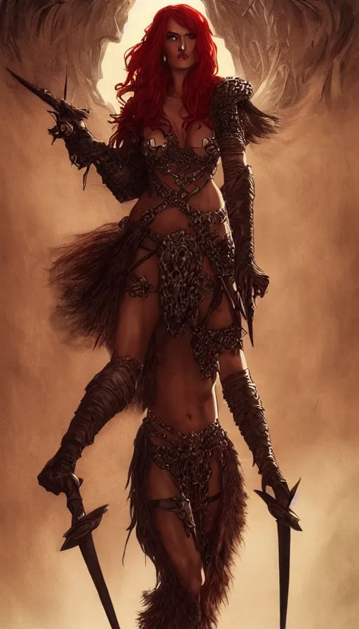 Image similar to portrait of elegant Red Sonja, dark and ethereal, expressive pose, flaxible, angry expression, chainmail, fantasy, intricate, dark desert background, dune high fashion, fantasy, intricate highly detailed, digital painting, artstation, concept art, smooth, sharp focus, illustration, art by artgerm and greg rutkowski and alphonse mucha