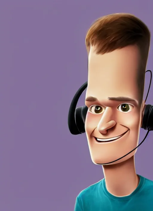 Image similar to vitalik buterin in headphones starring in pixar cartoon. vitalik buterin, medium shot, perfect symmetric face, coherent eyes, pixar cartoon style, beautiful smiling face, high detail, very sharp, 4 k