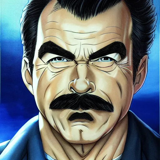 Image similar to portrait painting of tom selleck, art by akira toriyama, 4 k, dragon ball artstyle, cel shaded, highly detailed, epic lighting