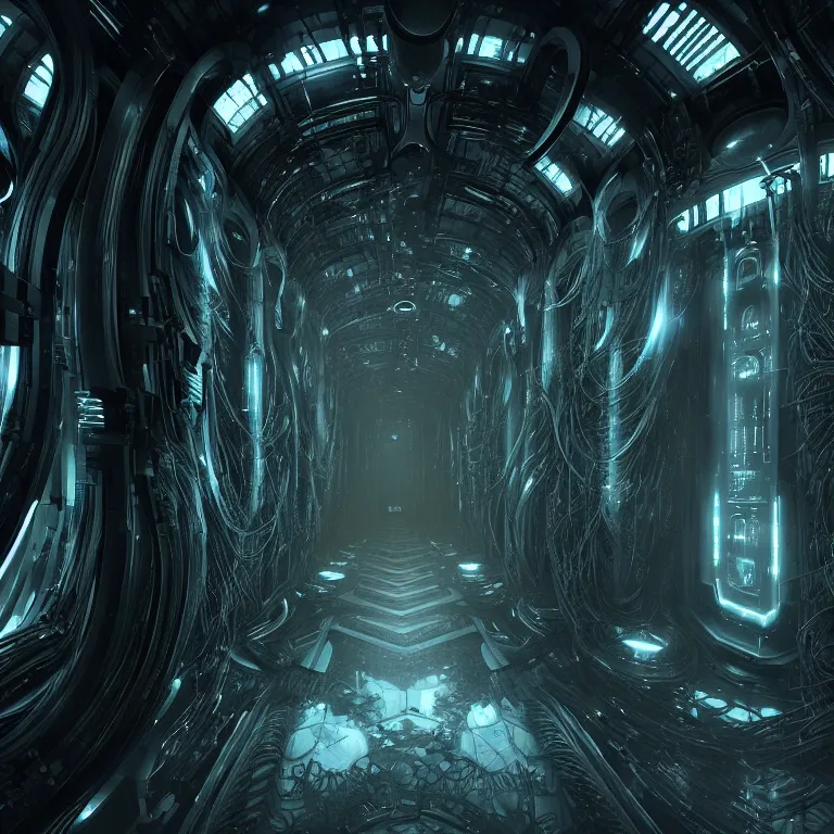 Image similar to sci-fi Prometheus biological corridor, biologic HR Giger style, Alien, Wide angle, featured in artstation, octane render, cinematic, elegant, intricate, 8k