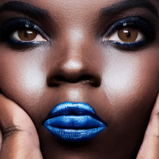 Prompt: dramatic dark portrait photograph of a black woman, smiling, wearing blue makeup with eagle eyes