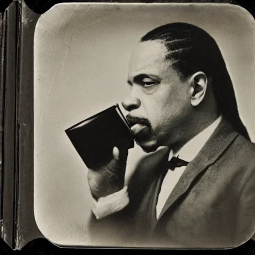 Image similar to tintype photo of ice - t, drinking iced tea with a straw, by julia margaret cameron 1 8 8 0 s, realistic, body shot, sharp focus, 8 k high definition, insanely detailed, intricate, elegant