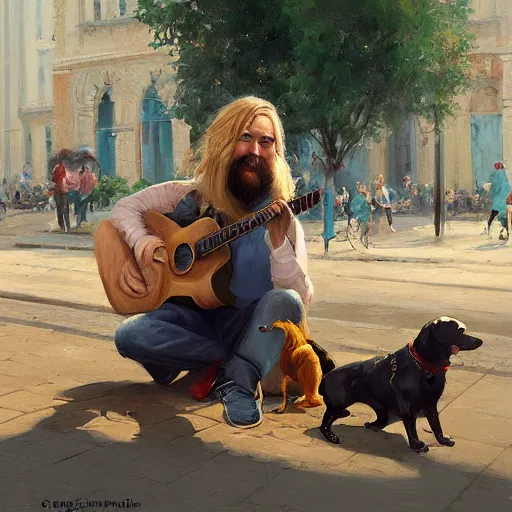 Image similar to oil painting of a young man with long hair blond and a beard hippie style with his golden retrever dog playing guitar in the square for money, people watching around, by greg rutkowski, artstation