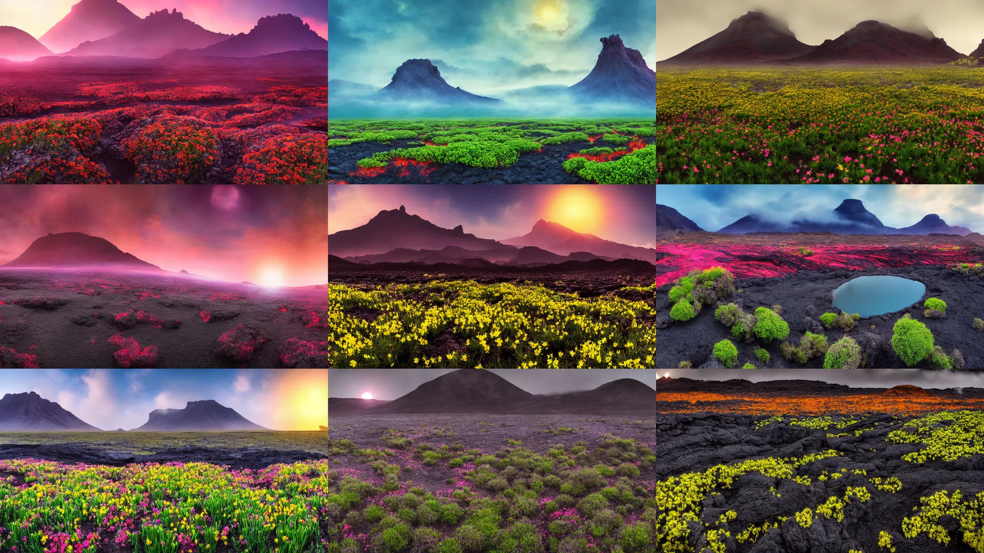 Prompt: spring mountain landscape of an alien planet, misty, environment, cinematic composition, cinematic lighting, photo realistic, ultra detailed, magnificent, 4 k, 8 k, foundation, flower fields, grasslands, lava river, magma pool