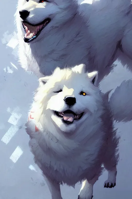 Prompt: comic book cover. fluffy samoyed by greg rutkowski, trending on artstation