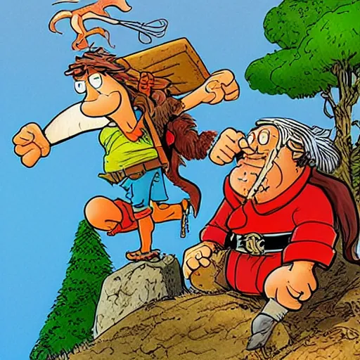 Image similar to groo the wanderer and rufferto in an epic pose on top of a mountain illustration by sergio aragones