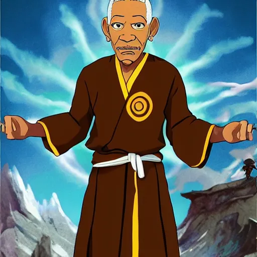 Prompt: Morgan Freeman in Avatar: the last airbender, designed by Bryan Konietzko