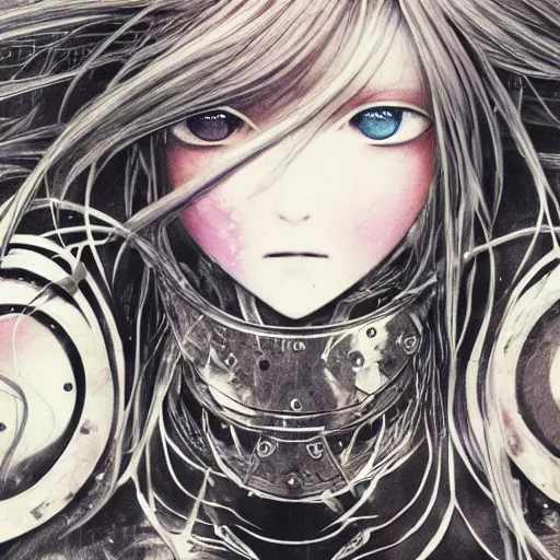 Image similar to yoshitaka amano blurred and dreamy illustration of an anime girl with black eyes, wavy white hair fluttering in the wind and cracks on her face wearing elden ring armor with engraving, abstract black and white patterns on the background, noisy film grain effect, highly detailed, renaissance oil painting, weird portrait angle, three quarter view, head turned to the side