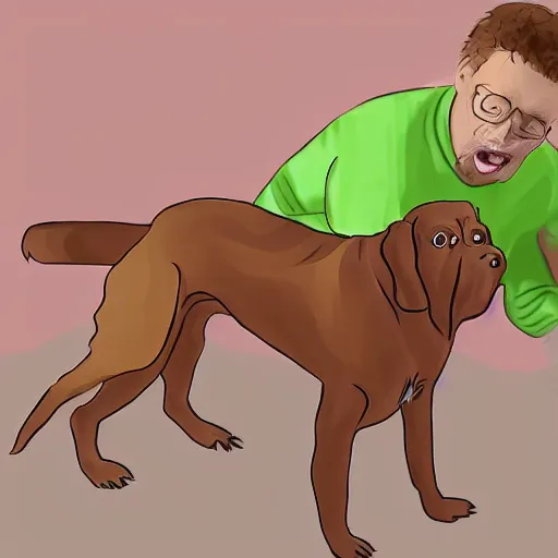 Prompt: a man horrified that his dog has turned into a legume, photorealistic, concept art, wikihow