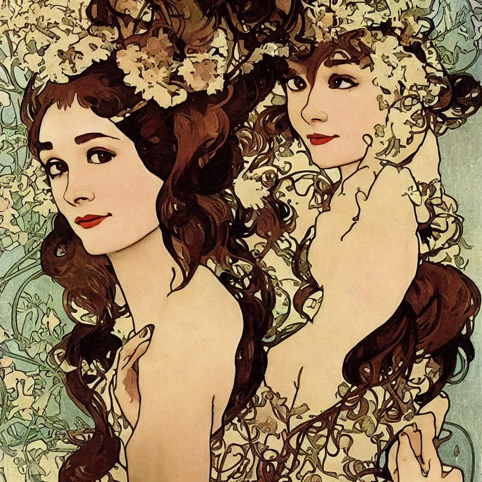 Image similar to audrey hepburn in breakfast at tiffany's by alphonse mucha, art nouveau