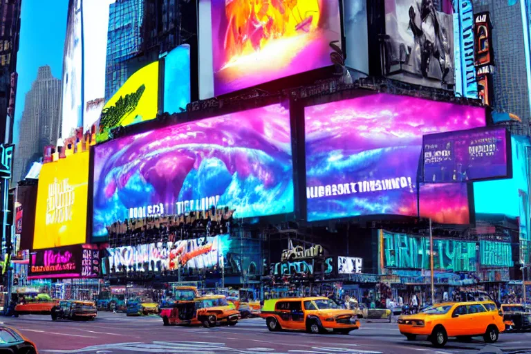 Image similar to a billboard on times square, screen show concert poster, band name is tripmachine, realistic digital art, on the screen is a 3 d render of a huge futuristic steampunk generator, 8 k, fluorescent colors, halluzinogenic, multicolored, exaggerated detailed, unreal engine, 8 0 mm