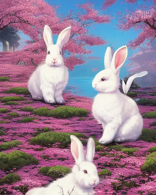 Image similar to ink on paper portrait of two white bunnies in colorfull kimonos in the foreground of a surreal environment with cherry blossoms by greg rutkowski and michael whelan