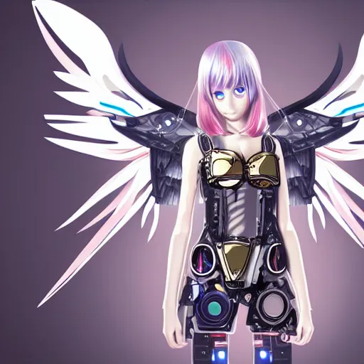 Image similar to small female cyborg - angel with large angelic wings, left eye gold and right eye silver, cyberpunk - anime character - concept art